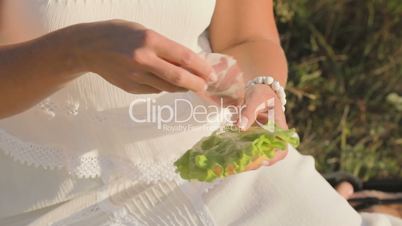 A woman is making a sandwich on a picnic. Close-up of female hands and a sandwich. Slow motion.