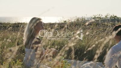 A woman gives a sandwich to a man on a picnic and waves her hand. Slow motion.