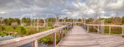 Wooden secluded, tranquil boardwalk along a marsh pond