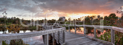 Bridge boardwalk made of wood along a marsh pond