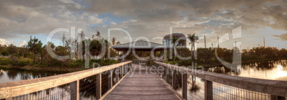 Sunset over Gazebo on a wooden secluded, tranquil boardwalk
