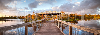 Sunset over Gazebo on a wooden secluded, tranquil boardwalk