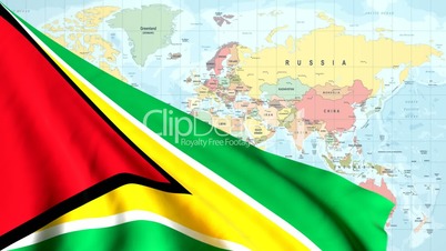 Animated Flag of Guyana With a Pin on a Worldmap