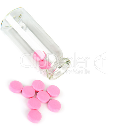 Medical preparations, pills in a glass bottle isolated on white