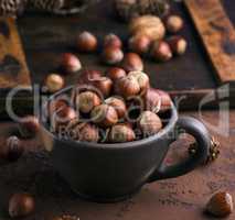 a whole hazelnut nutshell in a brown clay cup