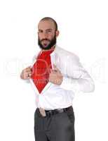 Young handsome man showing his red undershirt shirt