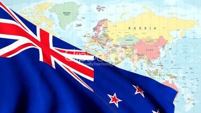 Animated Flag of New Zealand With a Pin on a Worldmap