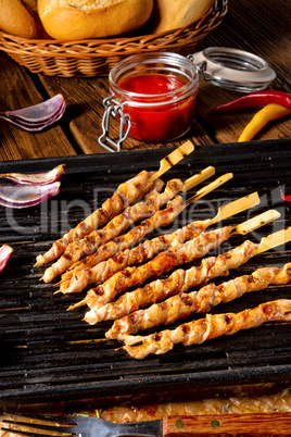 Fresh and crispy rustic pork belly grill sticks