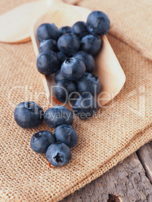 Fresh blueberries on a wooden spoon