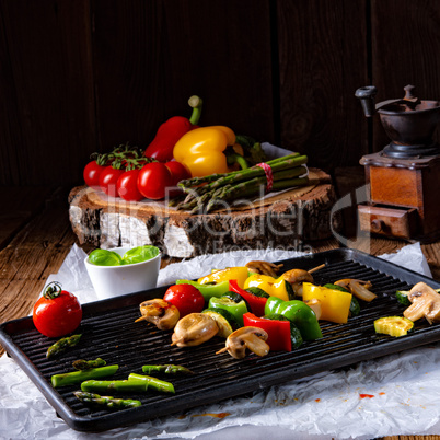 rustic vegetable shashlik with green asparagus and paprika