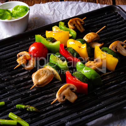 rustic vegetable shashlik with green asparagus and paprika