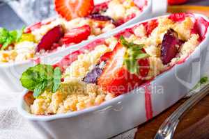 strawberry tart with vanilla pudding and ice cream