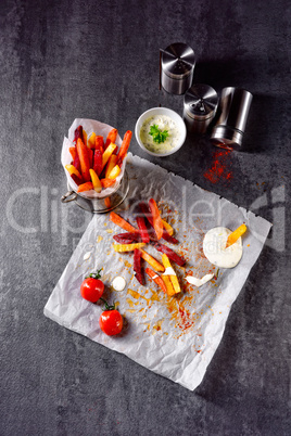 vegetable French fries with herb quark and tomatoes