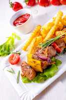 shish kebab skewers with marinated ham meat paprika and red onio