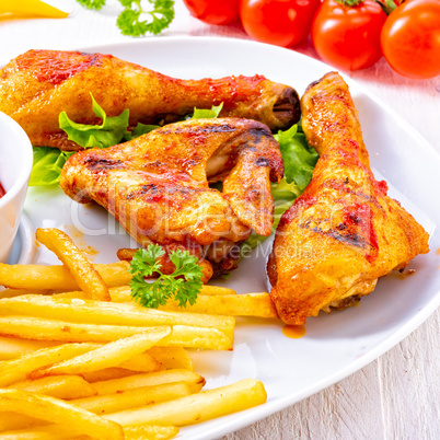 Grilled chicken wings,legs,chips and vegetables