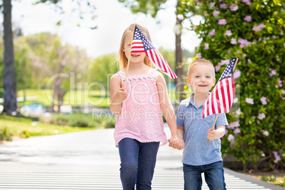 Young Sister and Brother Waving American Flags At The Park