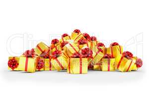 3d render - Golden christmas gift boxes with red ribbons