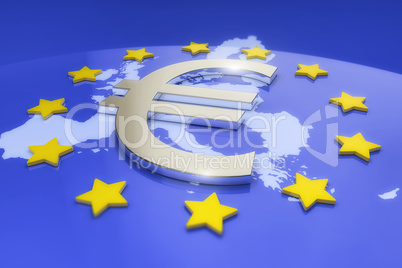 3d render - metal euro sign and europe map