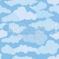 Abstract swirl cloud seamless pattern. Blue sky background