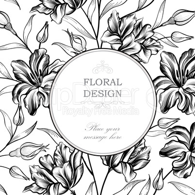Floral background. Greeting card with flower. Flourish border. G