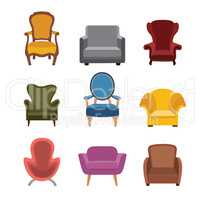 Chairs and armchairs icons set. Furniture collection of differen