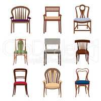 Chair, armchair icons set. Furniture retro style signs
