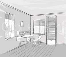 Sketch of interior. Beautiful room. Working place furniture