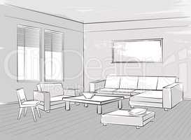 Sketch of interior. Beautiful room. Living room furniture