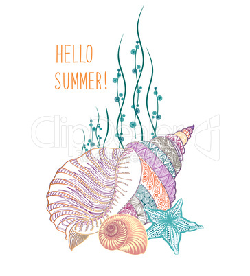 Marine life background, seashell, seastar. Summer holiday card