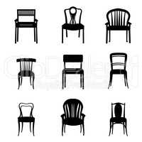 Chair, armchair icons set. Furniture retro style signs