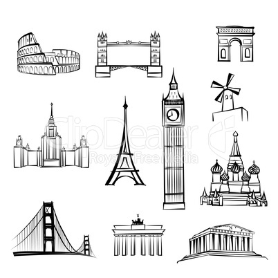 World famous city landmark sign. Travel location icon set