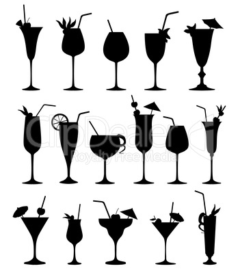 Cocktail silhouettes sign. Cocktail drink glass set.