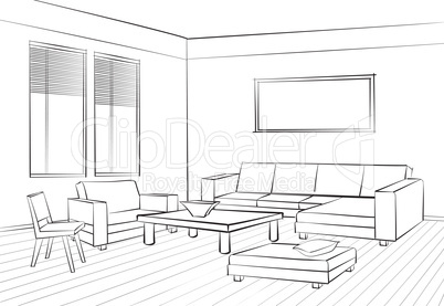 Living room interior sketch. Furniture set: sofa, table, armchair