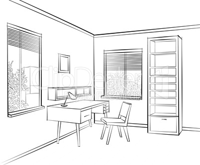 Room interior sketch. Workplace in sunny room. Stylish and moder
