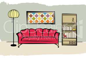 Interior furniture: sofa, floor lamp, book shelf. Living room