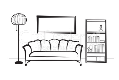 Interior furniture: sofa, floor lamp, book shelf. Living room