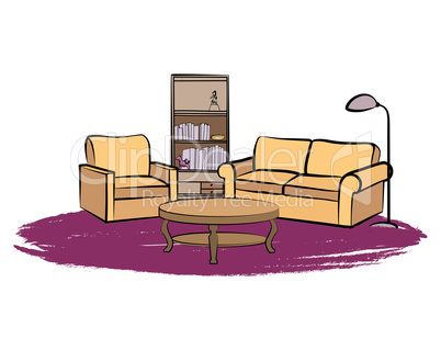 Interior furniture: sofa, table, book shelf. Living room