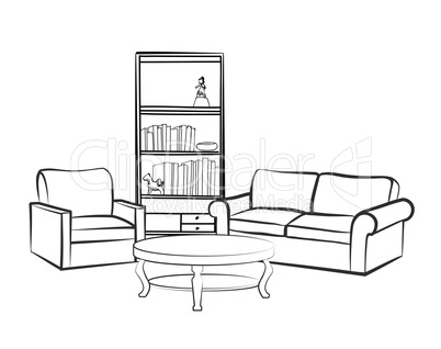 Interior furniture: sofa, table, book shelf. Living room