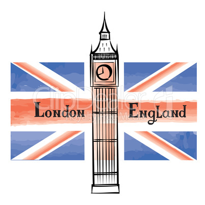 UK flag, London city famous landmark. Travel GB sign