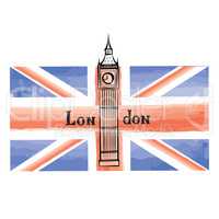 UK flag, London city famous landmark. Travel GB sign