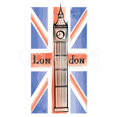 UK flag, London city famous landmark. Travel GB sign