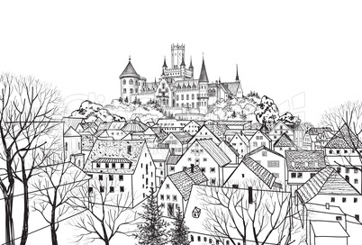 Old city skyline. Medieval castle view. Landscape sketch