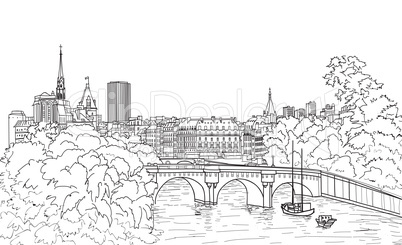 Riverside street view. Paris city skyline. Cityscape sketch