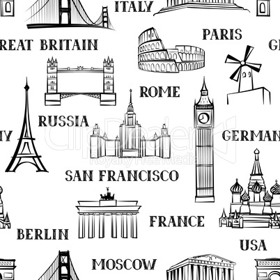 Travel seamless pattern. Vacation background. World attraction