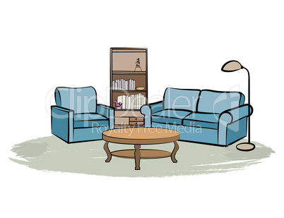 Interior furniture: sofa, table, lamp, book shelf. Living room