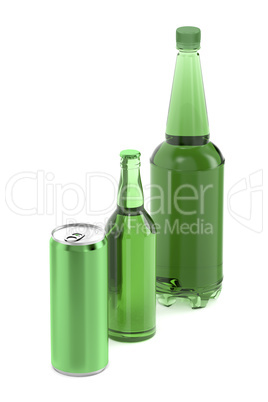 Plastic and glass beer bottles and can