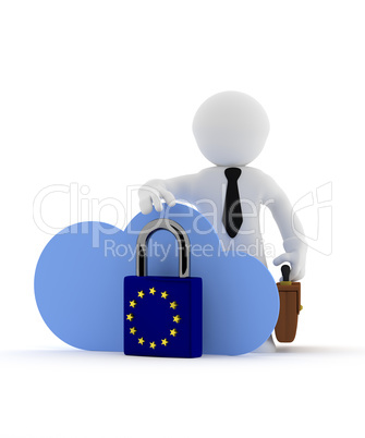 Small businessman character with cloud icon and EU Padlock