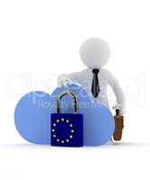 Small businessman character with cloud icon and EU Padlock