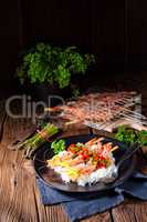 grilled red argentine shrimps with red salsa and green asparagus