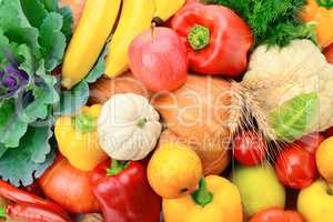 A set of fresh vegetables and fruits. Bright beautiful backgroun